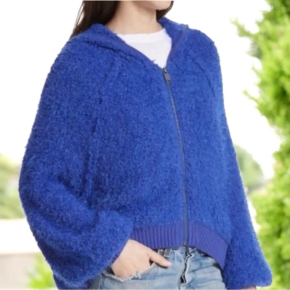 Free People Furry Time Oversized Hooded Zip Up Cozy Sweater Jacket Blue  L - Picture 2 of 15